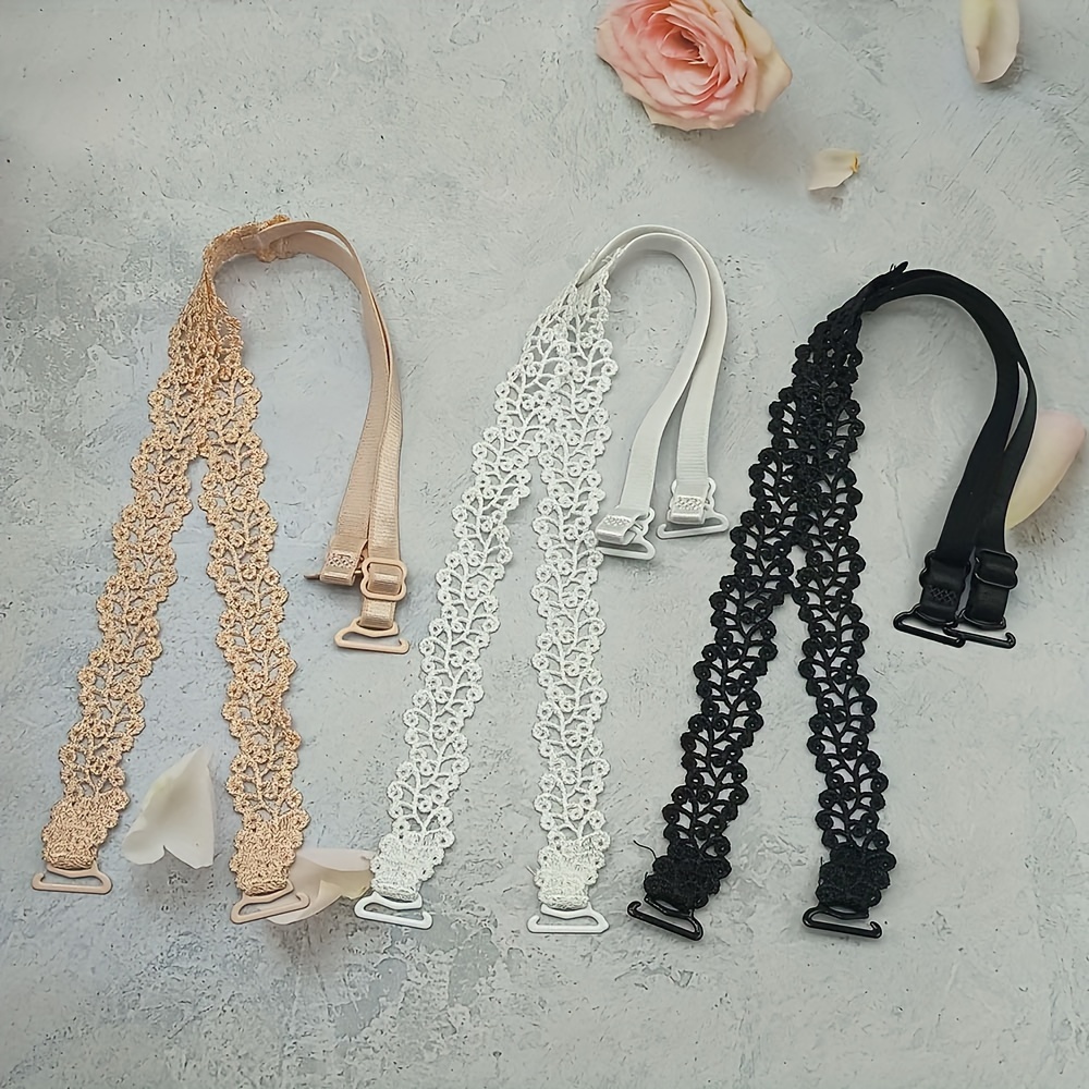 

1 Pair Floral Bra Straps - Adjustable Replacement Shoulder Straps For Lingerie, Beige/white/black With Metal Clasps, Polyester Fabric, Women's Fashion Accessories