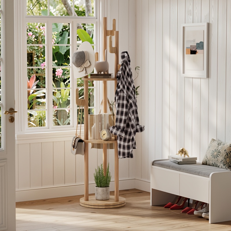 Image of Solid Wood Rotating Coat Rack, Freestanding Clothes Stand With 3 Open Shelves And 9 L-shaped Hooks, Tree-shaped Storage Rack For Hallway, Entrance, Bedroom, Living Room