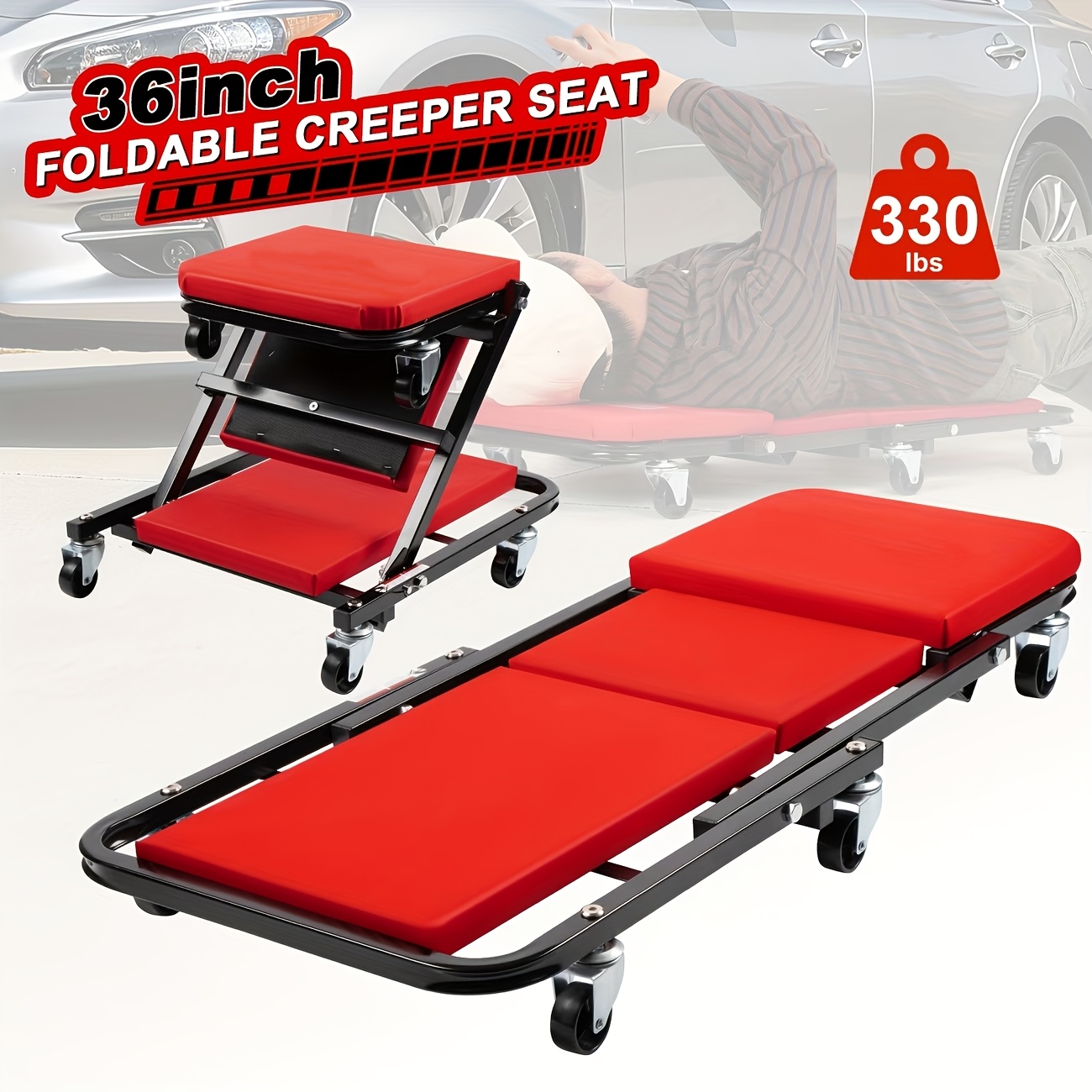 TEMU 36 Inch Foldable Creeper Seat, 2in 1 Rolling Folding Car Creeper/stool, 6pcs 2in Casters, 330 Lbs Weight Capacity, Wheels For Garage, Shop, Auto