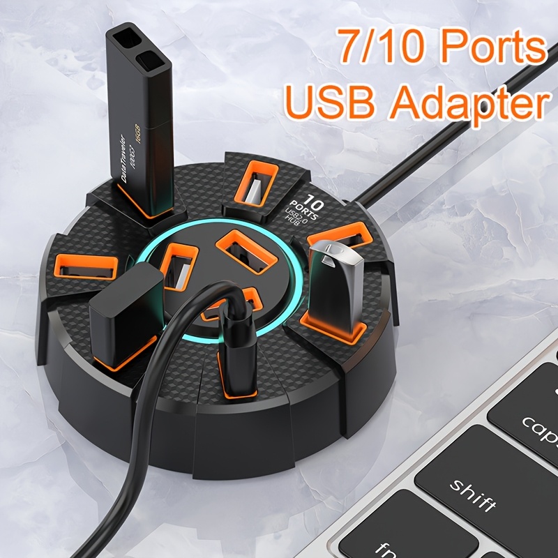 

1pc 7/10-port Usb 2.0 With Led, Expansion Splitter, Power Adapter, And External Power Supply For Laptop And Computer Peripherals, Compatible With Multiple Systems