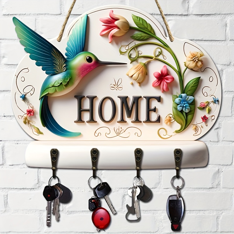 

1pc, Simple Wooden Hummingbird And Home Key Holder With 4 Metal Hooks (''x9.25''), Wall Art Wooden Hook, Wall Decoration, Porch Decoration, Room Decoration, Farmhouse Decoration, Home Decoration