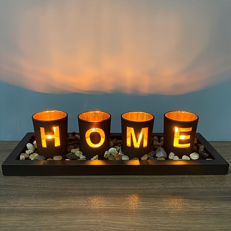 

1 Set, Wooden Candle Holder Set With Glass Cups, Home Lettered Creative Decor, Rustic Atmosphere Decorative Piece For Home Ambiance, Tray With 4 Candleholdersm, Home Decor