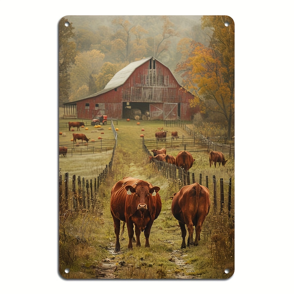 

1pc Aluminum Farmhouse , Barn & Cows Scene, Metal Tin Sign, Reusable Retro Decor, 8x12 Inches, With For Home, Bar, Thanksgiving - Suitable For 14+