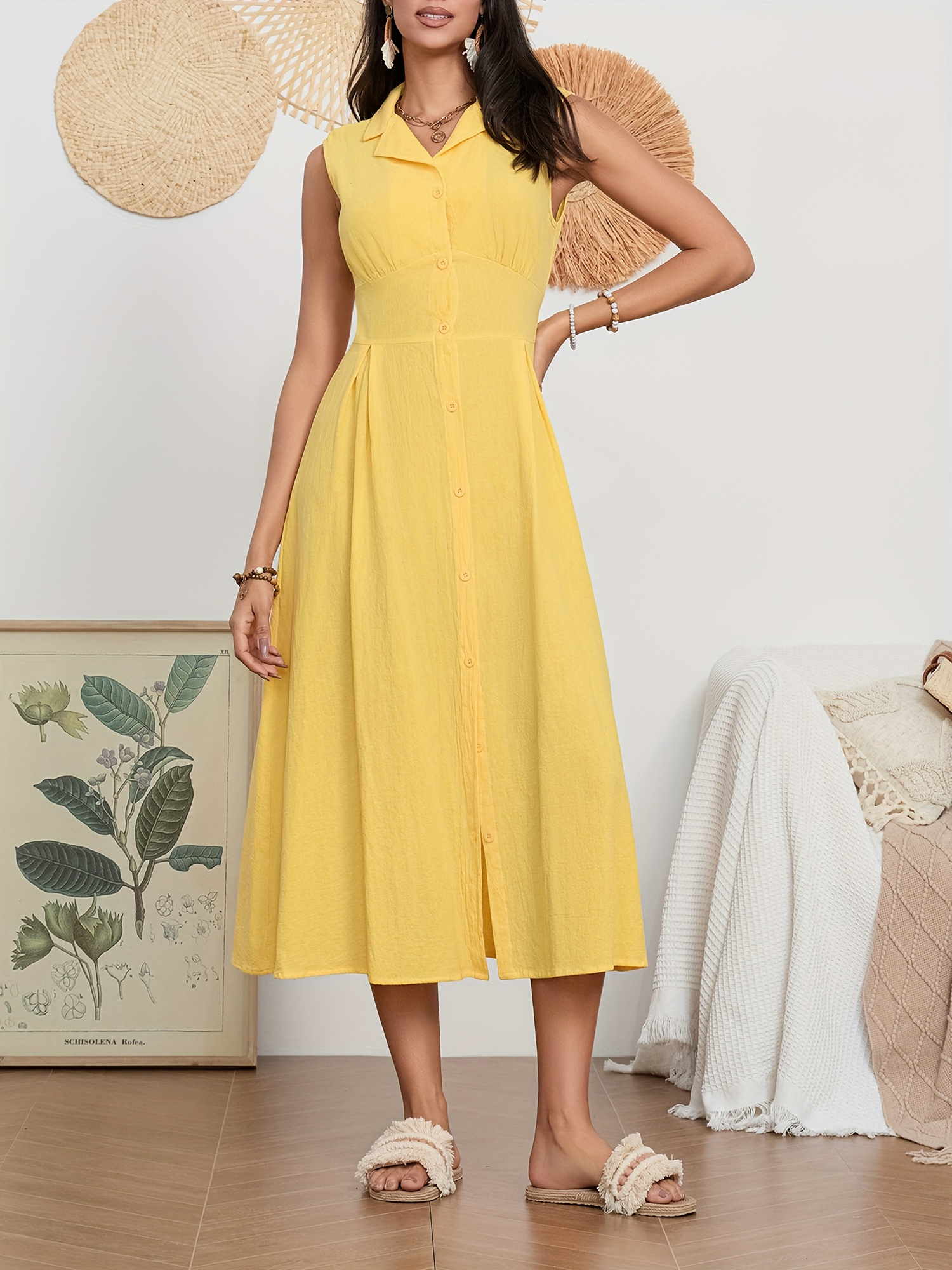 women long dress sleeveless turn collar button casual party - Temu
