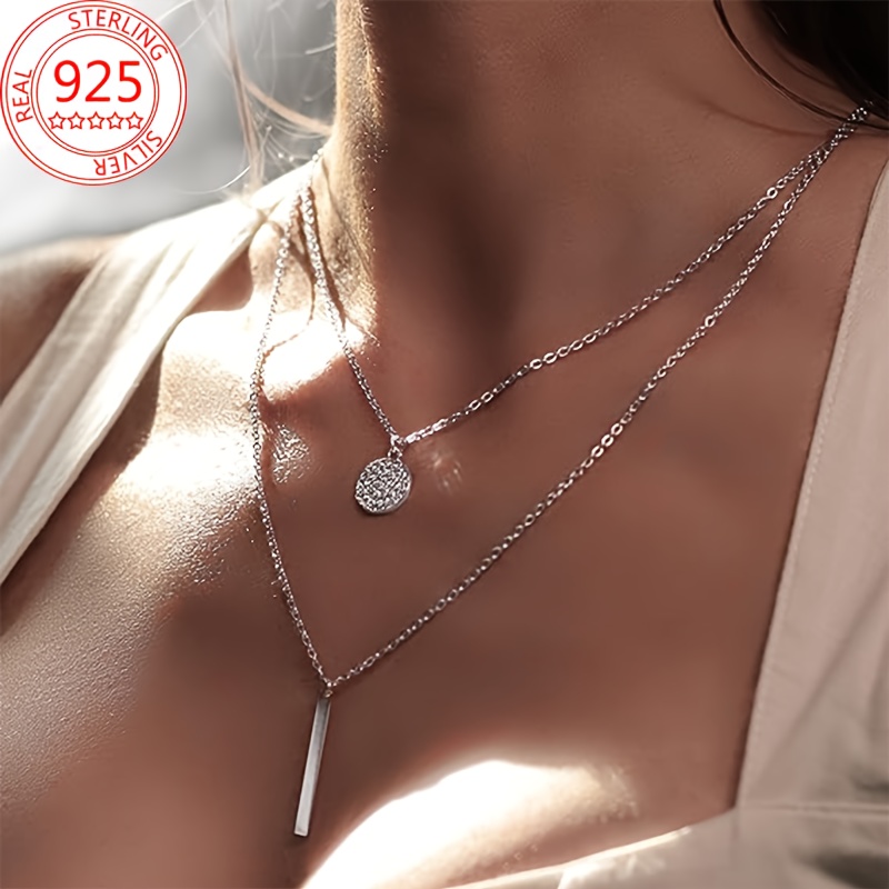 

925 Sterling Silver Necklace Rectangular Round Piece Pendants And Zircon Elegant Temperament Minimalist Personality Versatile Jewelry For Women