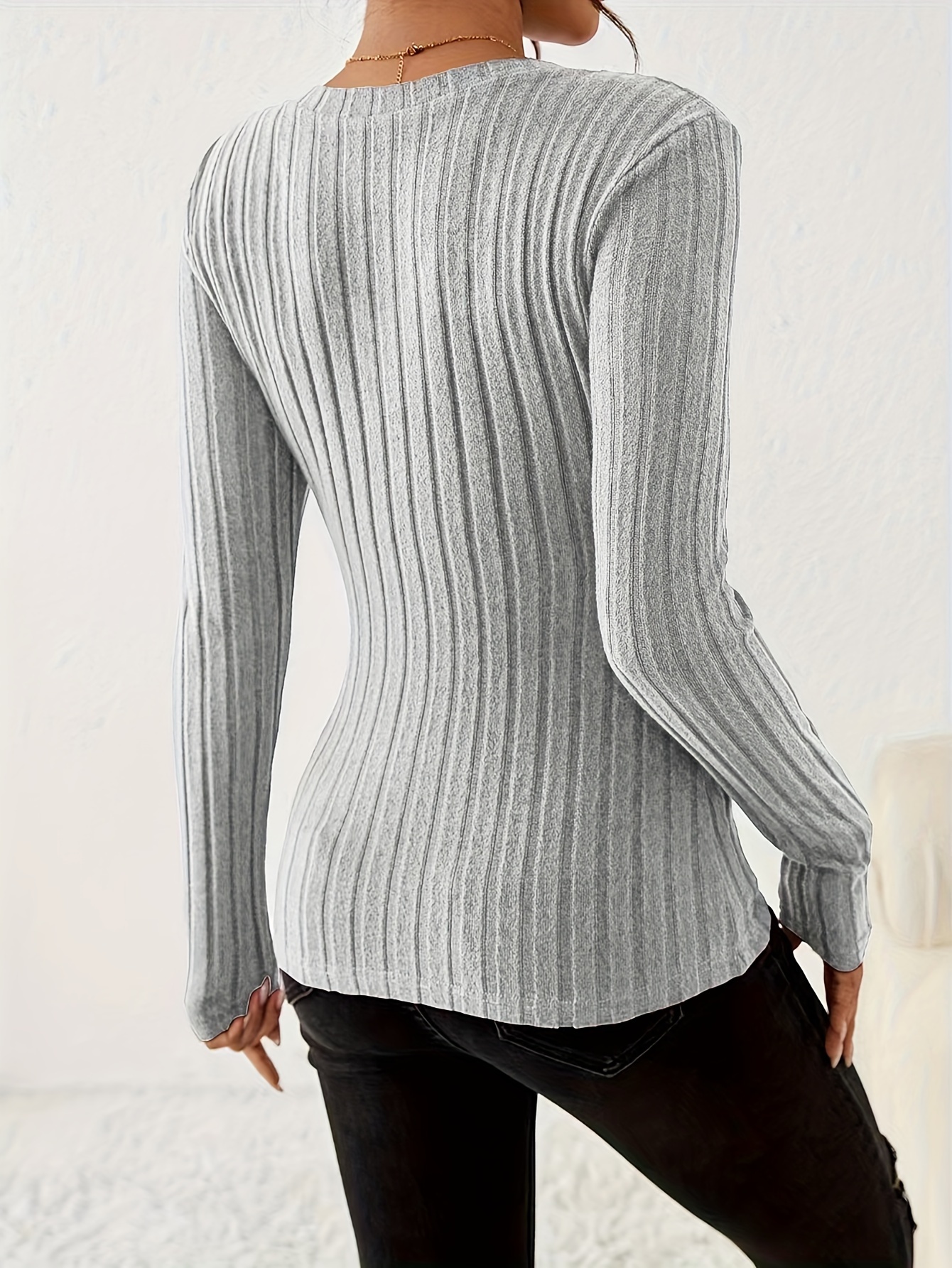 V Neck Slim Ribbed T-Shirt, Elegant Solid Long Sleeve Top For Spring & Fall, Women's Clothing