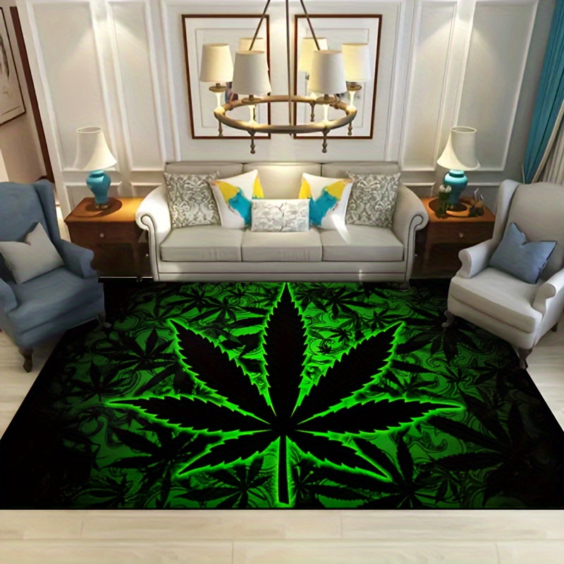 black background fluorescent marijuana leaves halloween 1000g m thick felt rug 15x23 19x31 31x47 39x59 47x63 63x78inches machine washable polyester suitable for indoor and outdoor use       living rooms bedrooms   patio garden and courtyard details 6