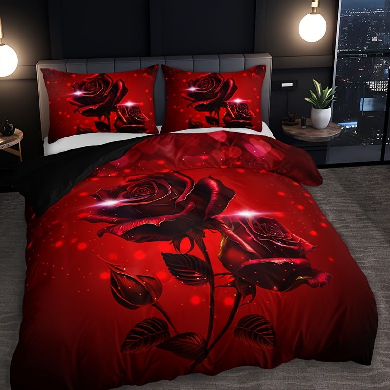 

3pcs Romantic Red Rose 3d Duvet Cover Set (1 Duvet Cover + 2 Pillowcase Without Pillow Insert), Soft Breathable Hd Printing Bedding Set For Home Dorm Decor