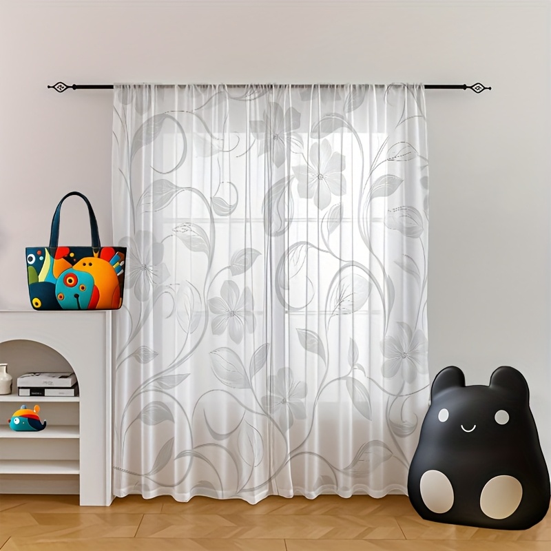 TEMU 2pcs Semi-transparent Sheer Curtains, Elegant Gray-white Theme Floral Pattern Drapes, Holiday, Gift, Decoration Curtains, Suitable For Bedroom,