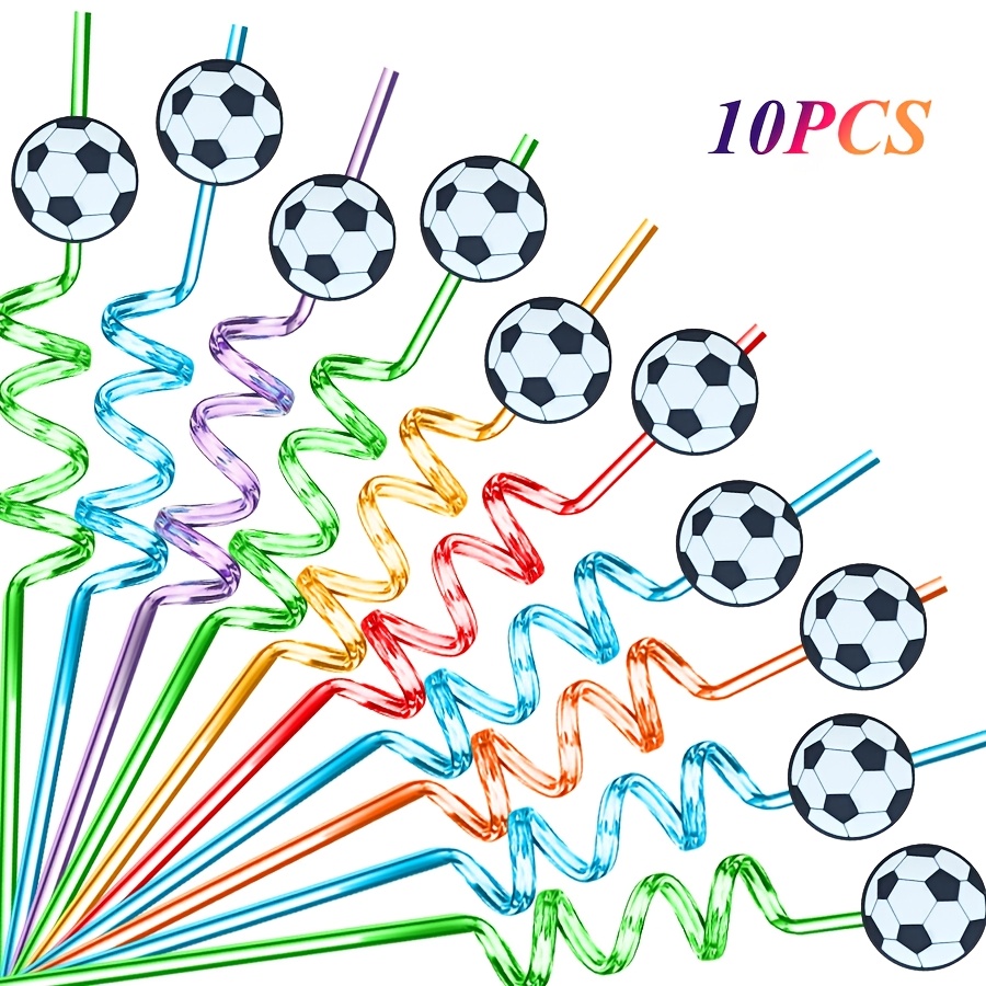 Image of 10pcs Football-shaped Reusable Spiral Fun Straws For Decoration And Gifts At Football Match Parties.