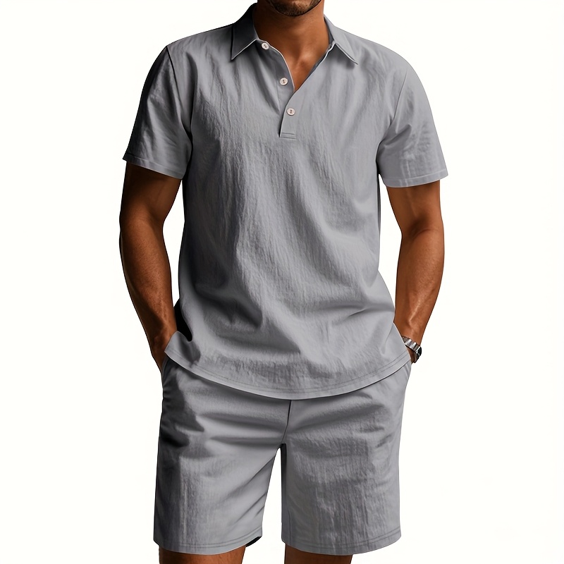 Men's Linen Short Sleeve Shorts Set, Summer Outdoor Sports Casual Breathable Short Sleeve Shirt with Shorts