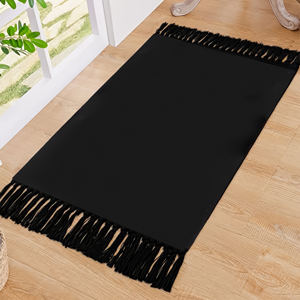 1pc handcrafted tassel runner rug machine washable solid color braided polyester mat for entryway bedroom kitchen non skid absorbent durable indoor runner rug Product details 1