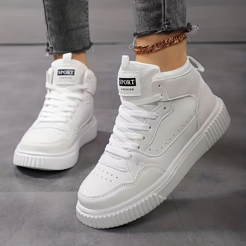 TEMU High-top Women's Shoes, Couple's Style, Women's Casual Sports Flat Shoes, Mid-top Skate Shoes, Student White Shoes, Lace-up Flat Shoes, Board