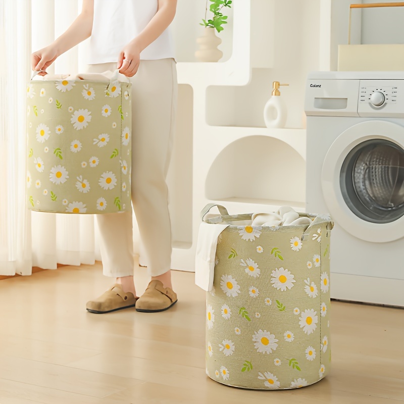 

1pc Daisy Design Laundry Hamper, Contemporary Style Polyester Dirty For Laundry Room Storage And Organization