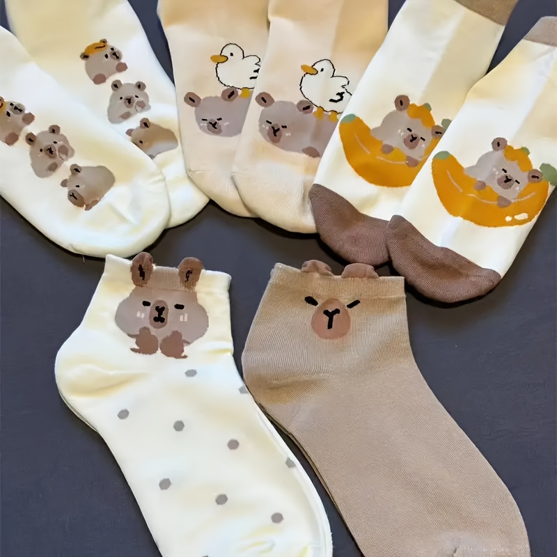 

5pcs Women's Cute Cartoon Animal Ankle Socks, Comfortable & Breathable Polyester , Machine Washable