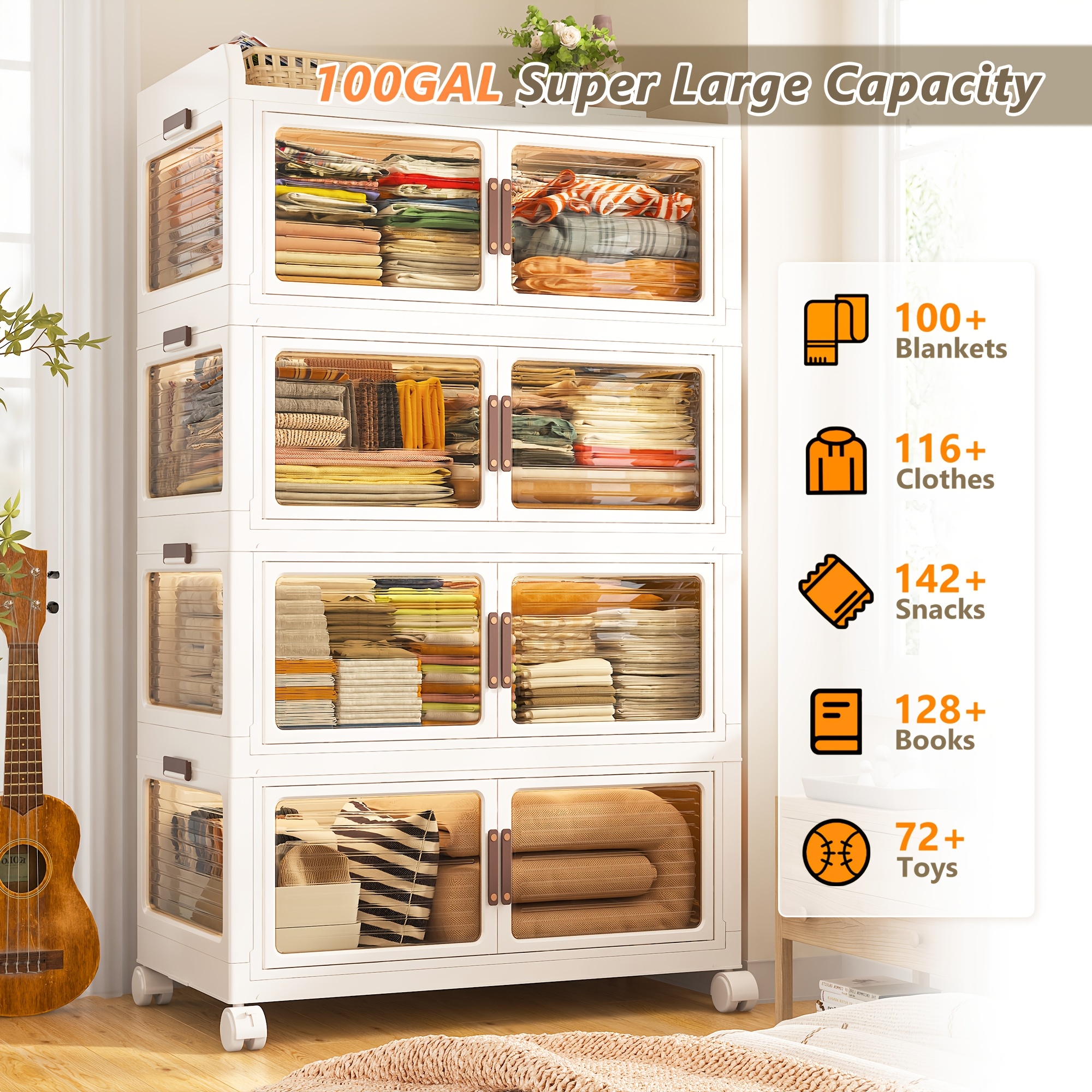 44 Qt Foldable Storage Bins With Lids & Doors – 3-Tier Stackable Organizer, Heavy Duty PP, Wheels