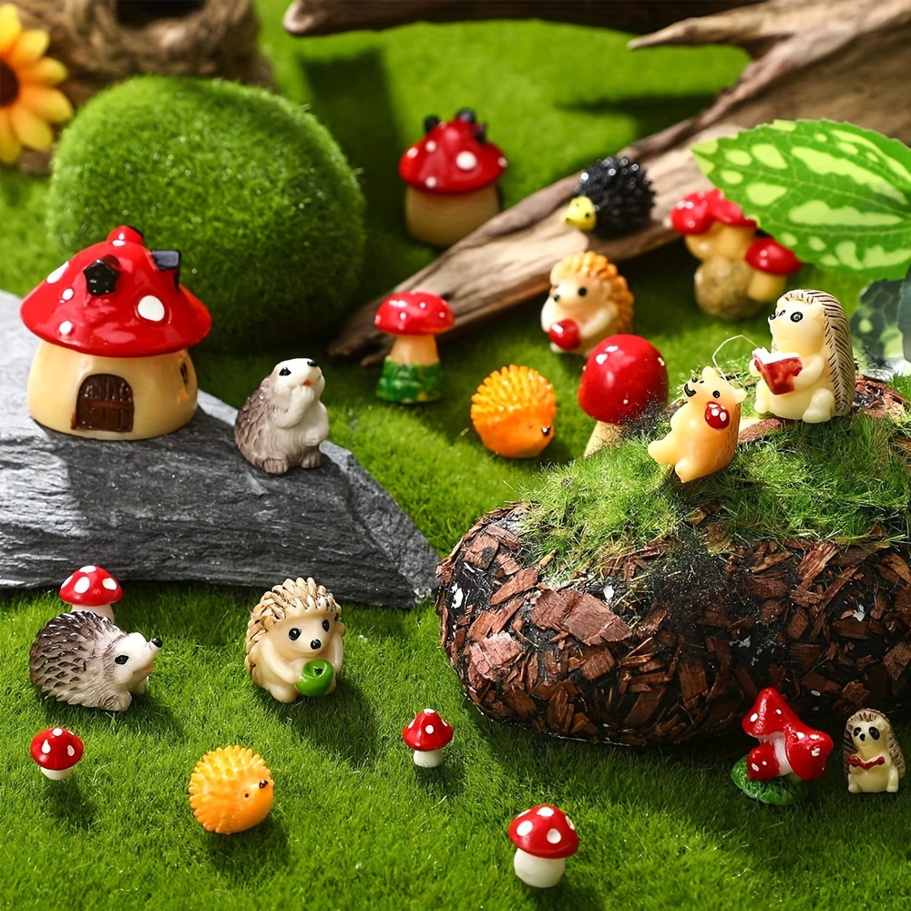 

20pcs Miniature Garden Figurines - Resin Hedgehog & Mushroom Set For Fairy Gardens, Terrariums, And Bonsai Decor