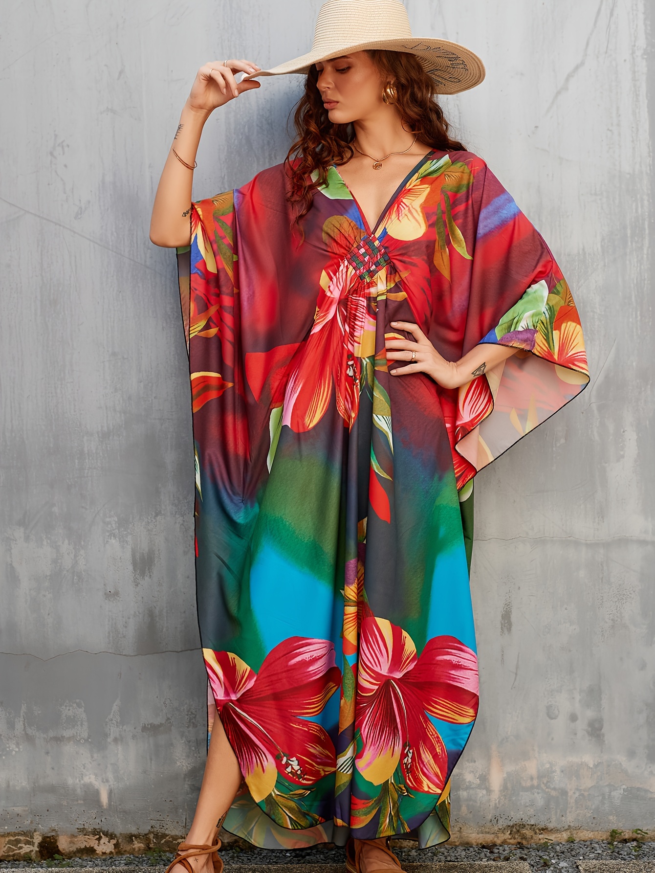 floral print v neck loose kaftan dress vintage batwing - Temu floral print v neck loose kaftan dress vintage batwing - Temu