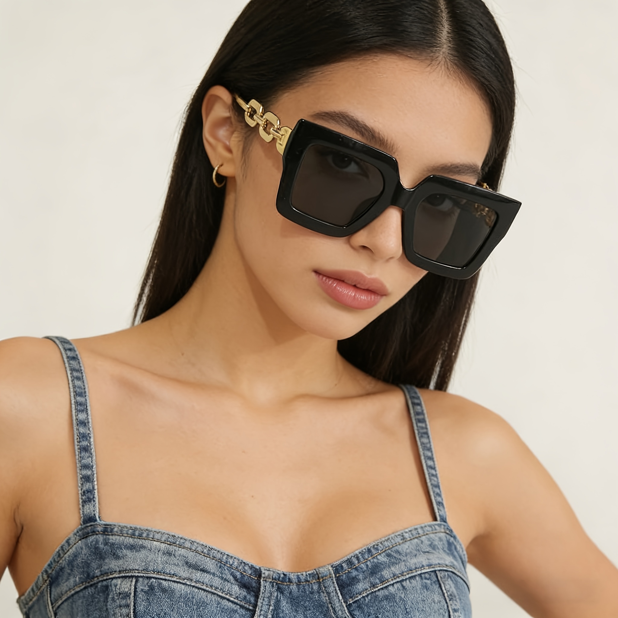 Image of Oversized Square-frame Fashion Glasses, Unisex, With Premium Golden-chain Temple , Vintage-style Trendy Fashion Glasses, Street-style Shades