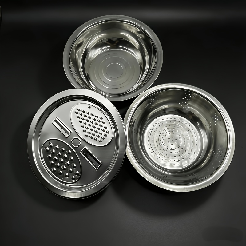 3pcs Stainless Steel Kitchen Set, Multi-functional Strainer With Grater And Bowl For Washing And Slicing Fruits, Vegetables, Cheese, Food Preparation Bowl With Drainage System, Kitchen Additions