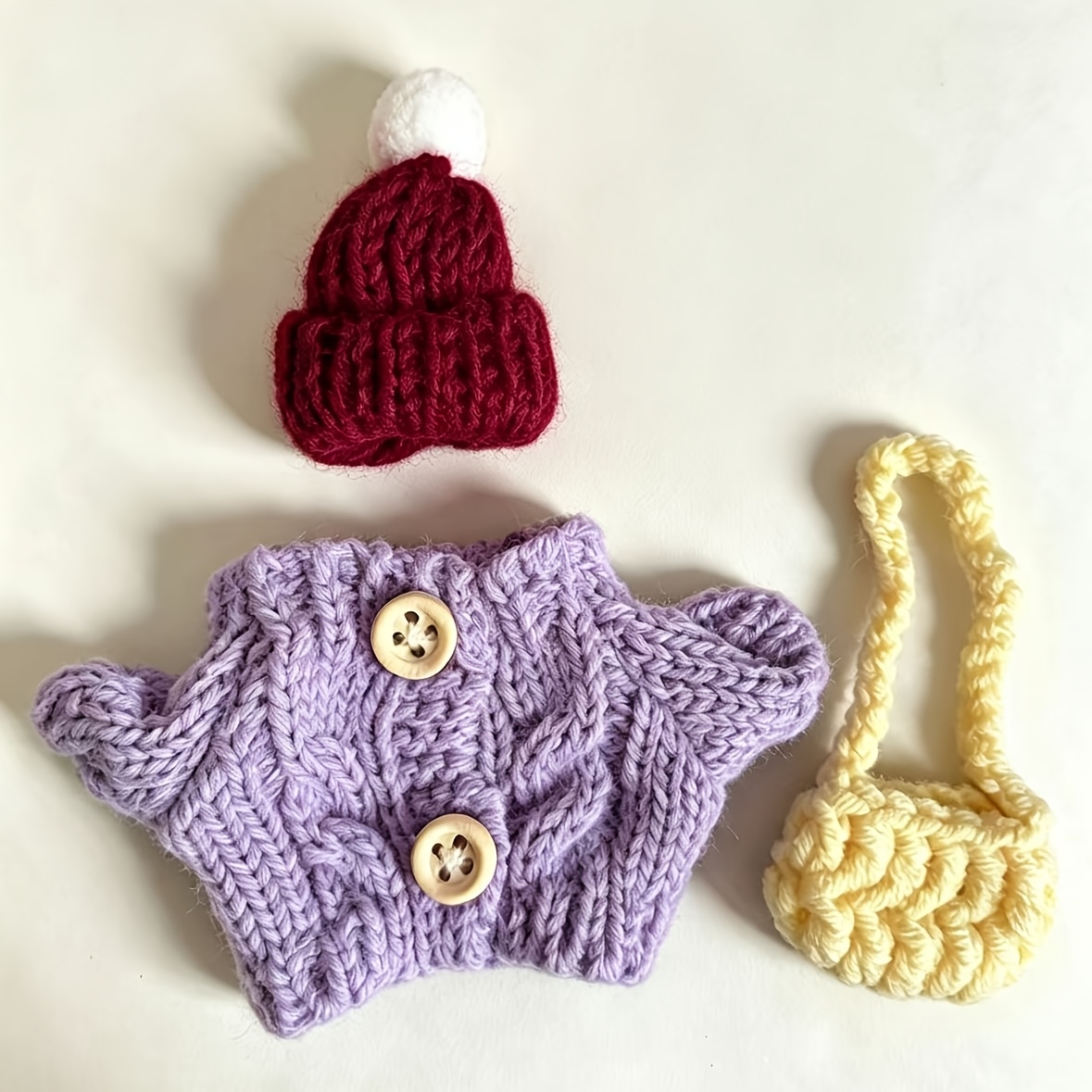 TEMU Ensemble d'automne pour oiseau de bureau en tricot à boutons, comprenant un bonnet en tricot à pompons en peluche, un sac bandoulière et un pull
