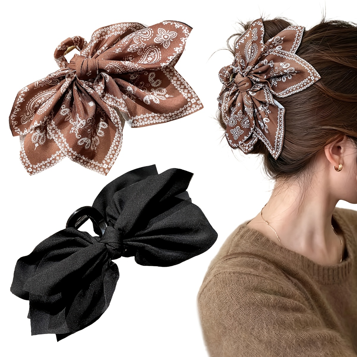 TEMU 2pcs Women's Fashionable Solid Color, Print Bow Hair Claw Clip, Suitable For Daily And Casual Hairpins On The Back Of , Vacation And Festival