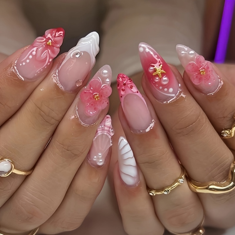 30pcs/set Almond Shaped Manicure 3d Floral Water-drop Gradient Elegant Press-on Nails, A Romantic Touch For Daily Wear And Dates