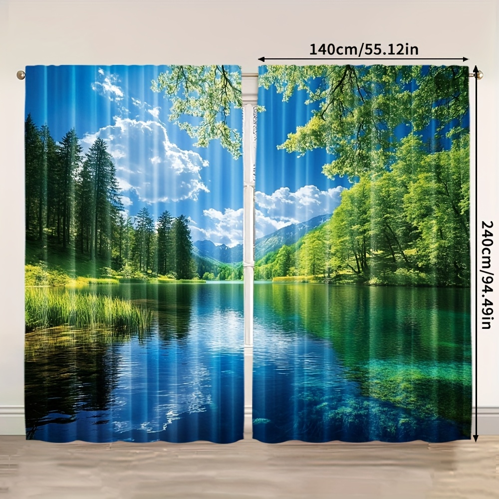 TEMU Set Of 2, Lake Scenic Pattern Curtains, Made From 100% Polyester (does Not Rod, No Movement, No Battery). Features Thermal Insulation And Room