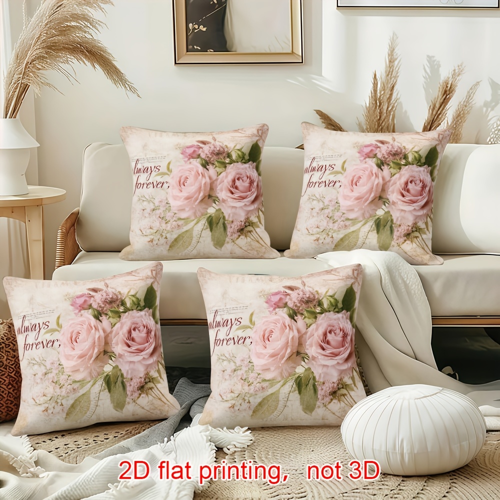TEMU 2d Flat - 2d Printed , Not 3d, Easter Pillow Covers. 4pcs, Rose Pattern/vintage. Suitable For Spring/summer/autumn/winter/valentine's