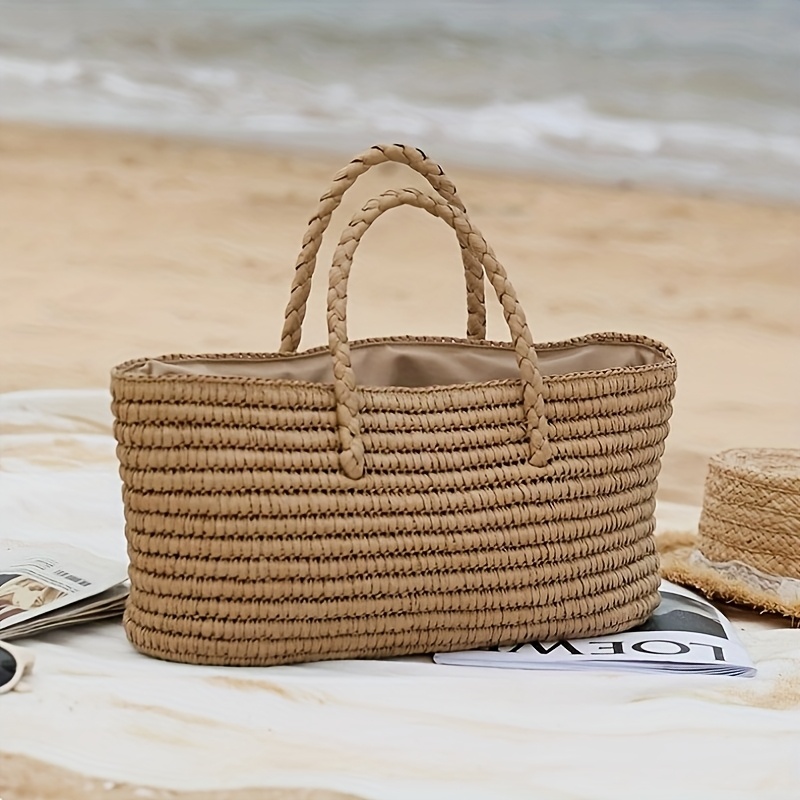 large capacity womens tote bag stylish beige woven beach bag