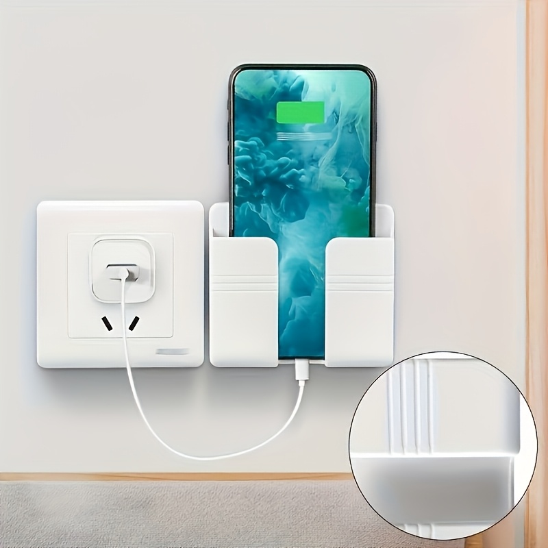 1pc Wall Mounted Phone Holder, Adhesive PC Material, No Hole, Remote Control Storage, Made of Other Plastic, with Smart Phone Charging Station, for Bathroom, Kitchen, Hotel Bedhead