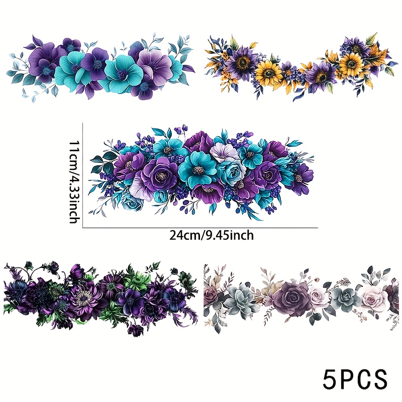 TEMU 5pcs Purple And Blue Floral Pattern Uv Dtf Transfer Paper, Suitable For Diy Crafts On Mugs, Tables, Chairs, Gift Box Packaging, Wine Bottles,