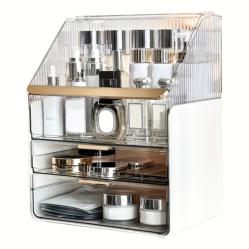 TEMU 1pc Sleek Plastic Cosmetic Organizer With Lid, Multi-tier Storage Box For Makeup, Skincare, And Haircare Products - Ideal For Vanity And