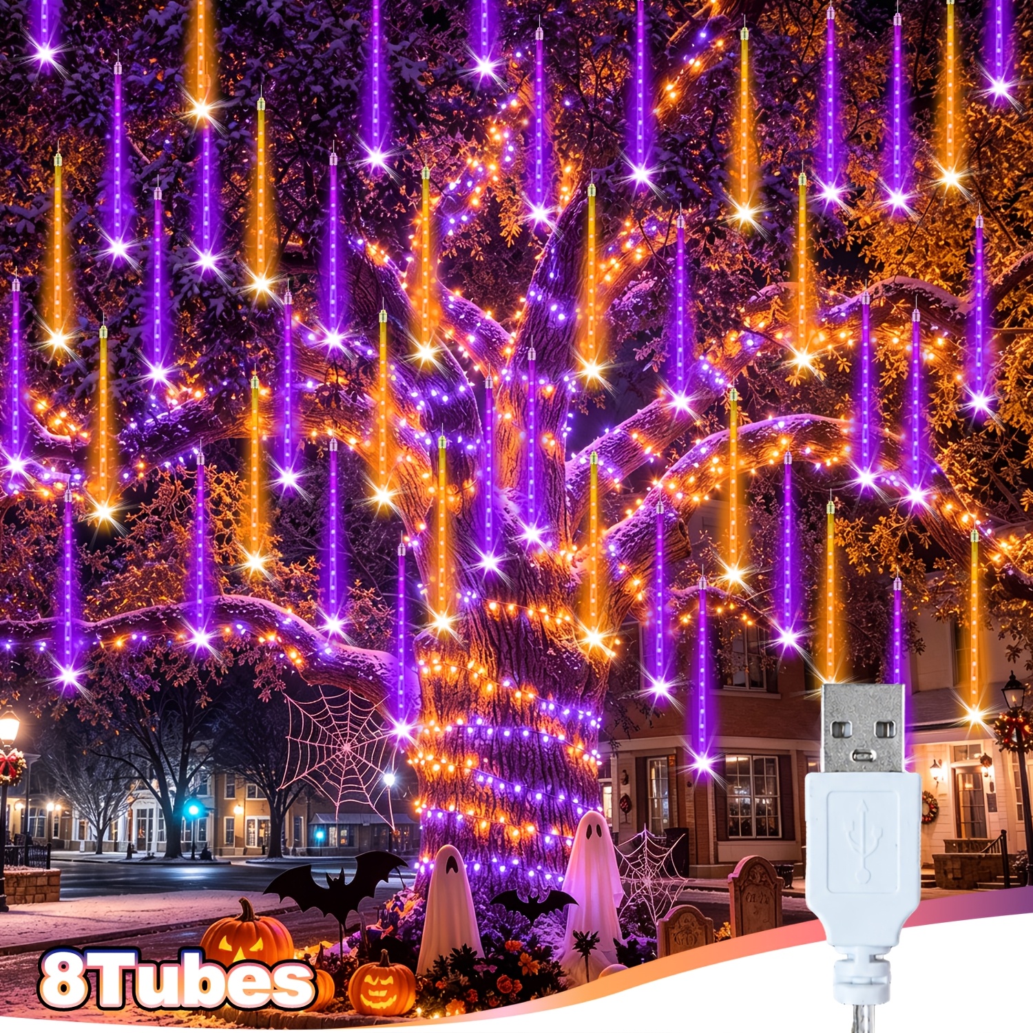 TEMU 192led Halloween Meteor Shower Fairy String Lights, Usb Powered, Halloween Decor, Led Holiday Display Lights, Hanging Icicle Lights Suitable For