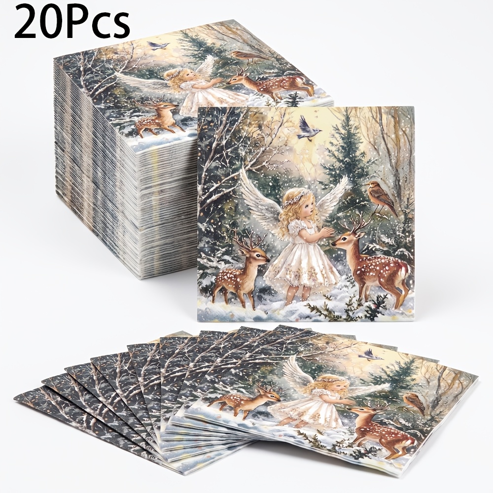 TEMU Lot de 20 serviettes en papier jetables vintage hivernales et , 2 épaisseurs, 6,5 x 6,5 pouces, mouchoirs en papier à imprimé forêt enneigée,