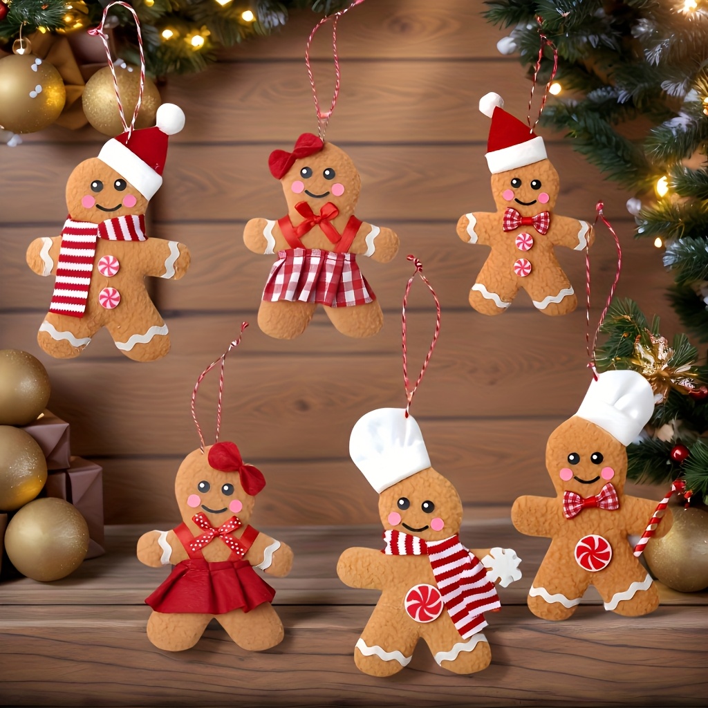 TEMU Set Of 6 Gingerbread Man Ornaments For Christmas Trees, Showcasing Faces, Adjustable , And Eyes - Soft Decorations With Red Sugar Icing, Golden