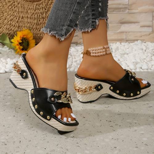 womens black white embellished platform sandals slip on square toe wedge heel with golden studs tpu upper rubber sole for summer parties casual ladies sandals