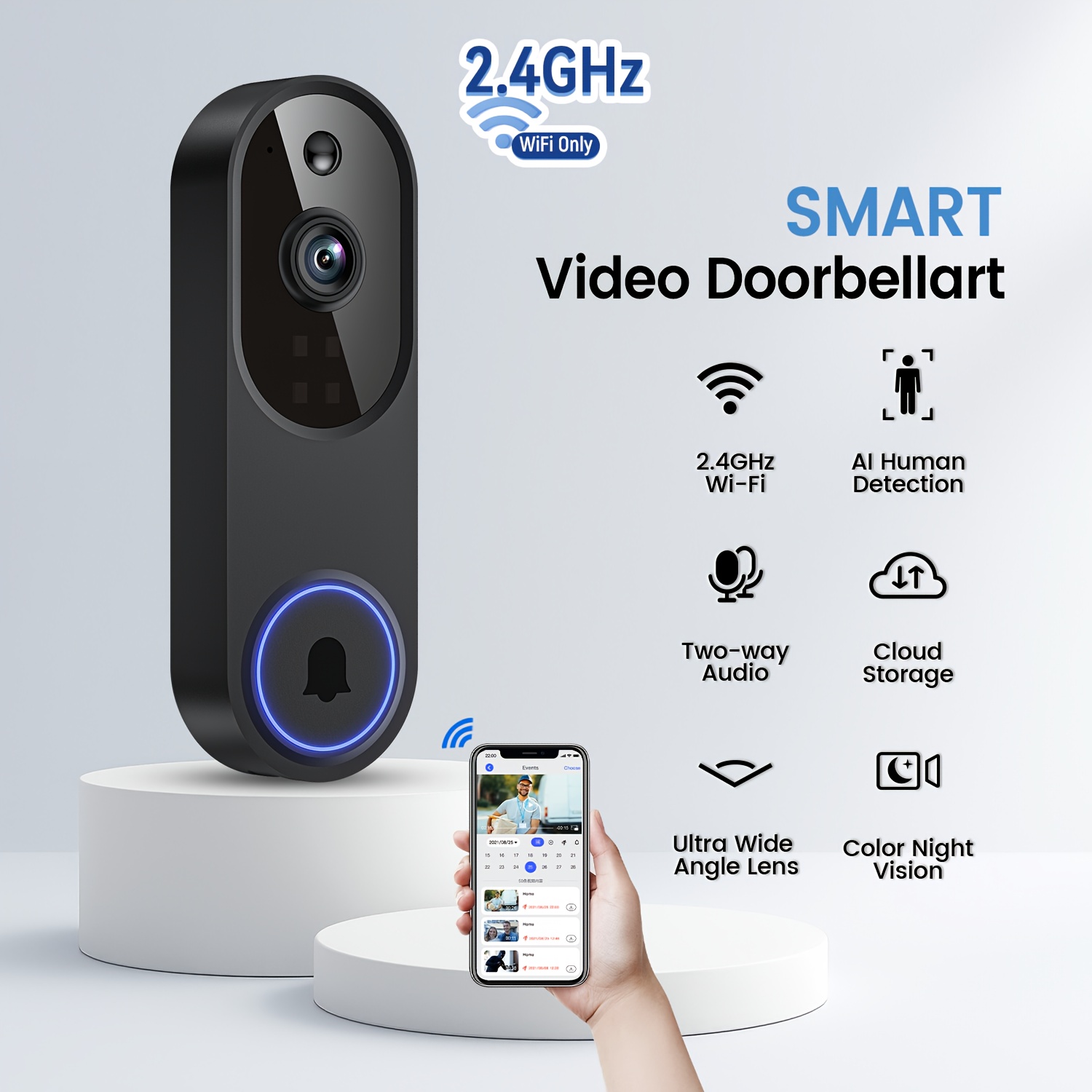 TEMU 1920p Smart Wireless Doorbell Camera | 2.4ghz Wireless Network, Real-time Picture Display, Audio Communication, Usb Charging, 5500mah