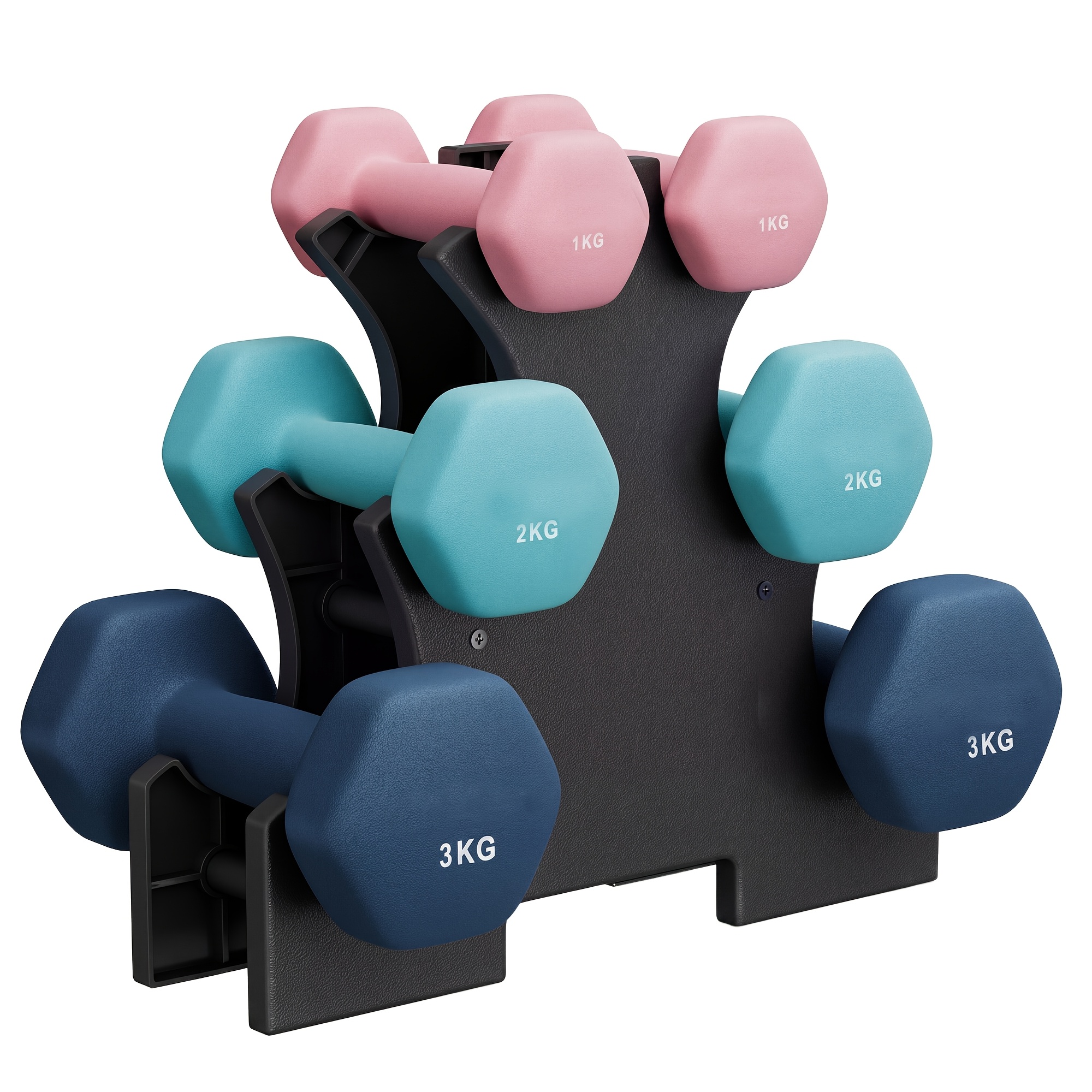 TEMU Set de Mancuernas Hexagonales con Soporte - 2 X 1 Kg, 2 X 2 Kg, 2 X 3 Kg, Mate de Neopreno, Pesas de para Ejercicio en Casa