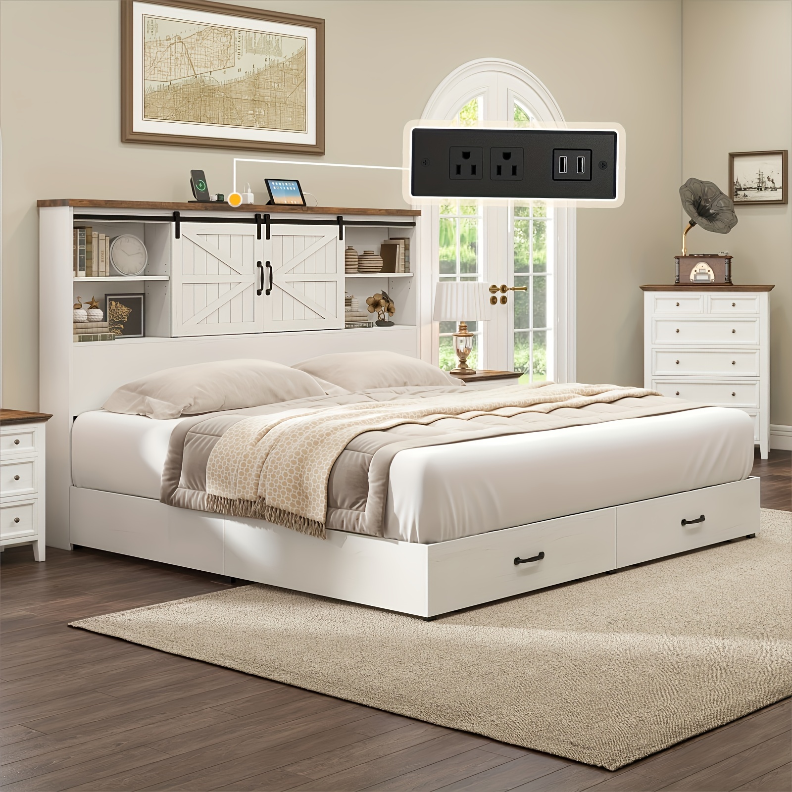 TEMU Queen Size Wood Platform Bed Frame With 51.2" Bookcase Headboard, Storage Bed With Sliding Barn Door, Charging Station, And 2 Drawers - Spring Needed, Noise-free, Farmhouse Style, White