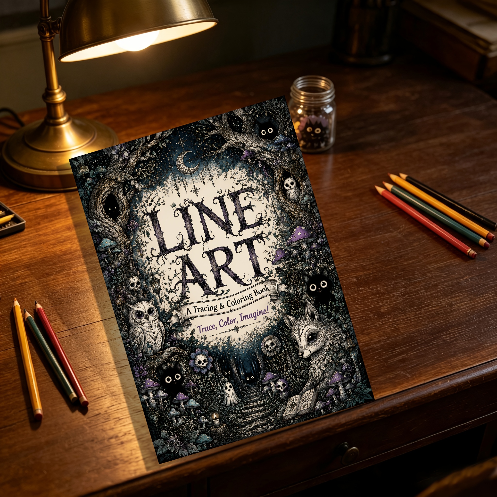 TEMU Dark Gothic Pen Tracing Coloring Book 48 Pages/book, Thick Paper Single Page Printing, Featuring Elements Fox, Owl, . Combining Tracing And