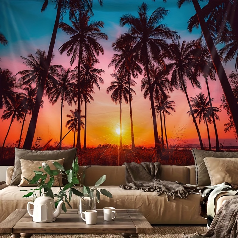 

Tropical Sunset Coconut Tree Tapestry - Brushed Polyester Wall Hanging, Indoor Knit Fabric Decor For Living Room, Bedroom, Office - 85 Gsm Lightweight, No Power Needed, Includes Installation Kit