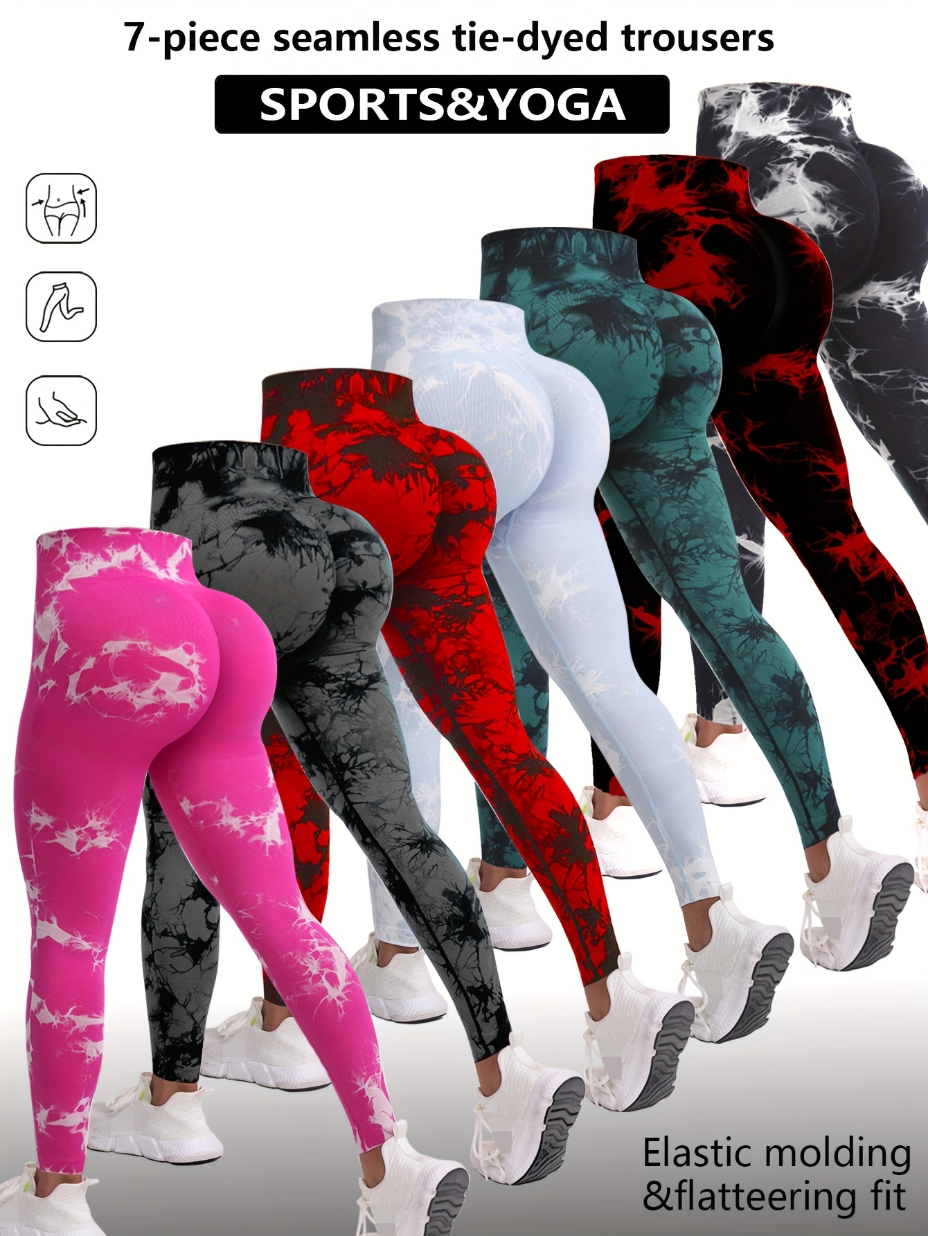 7pcs Women's Seamless High Elasticity Yoga Tights - Tie-Dye Print, Tummy Control & Elastic Waistband, 7 Vibrant Colors,