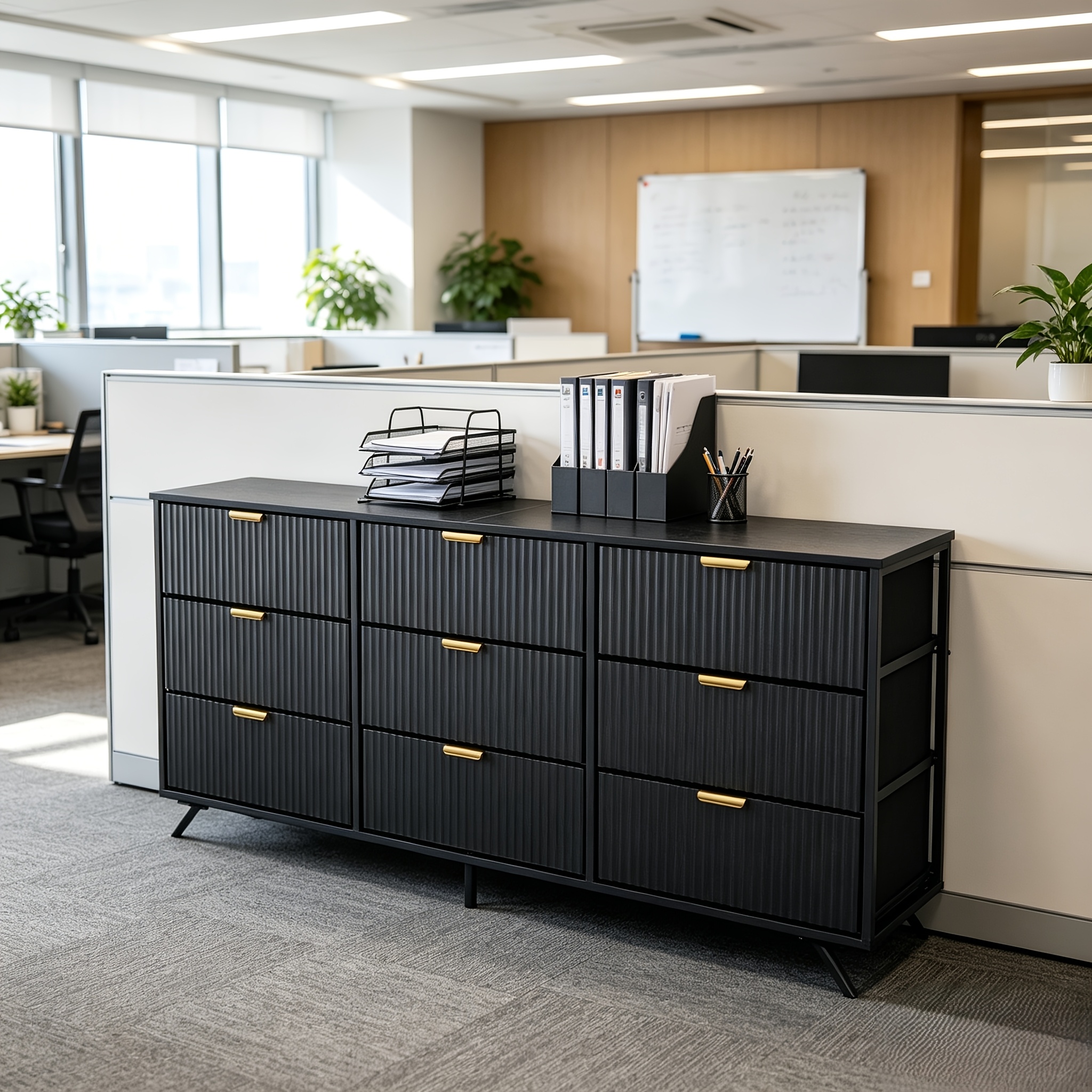 9 Drawer Modern Fluted File Cabinet, Wide Drawers with Metal Handles, Multi-Functional Storage Cabinet for Home Office