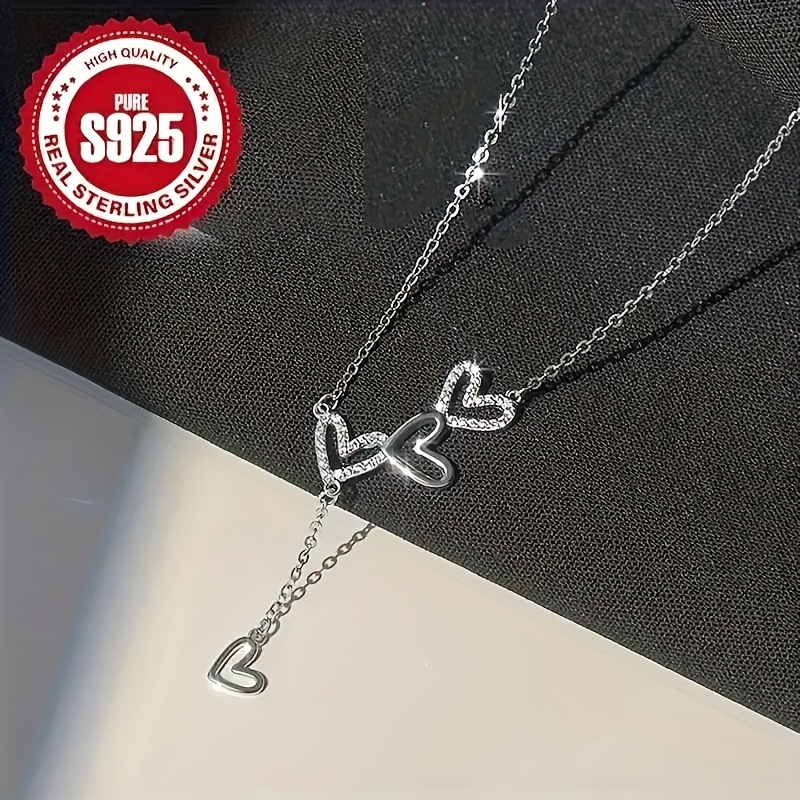 TEMU 925 Sterling Silver Three-heart Tassel Necklace, Bling Bling Clavicle Chain, Hypoallergenic Elegant And Fashionable, Versatile Gift For ,