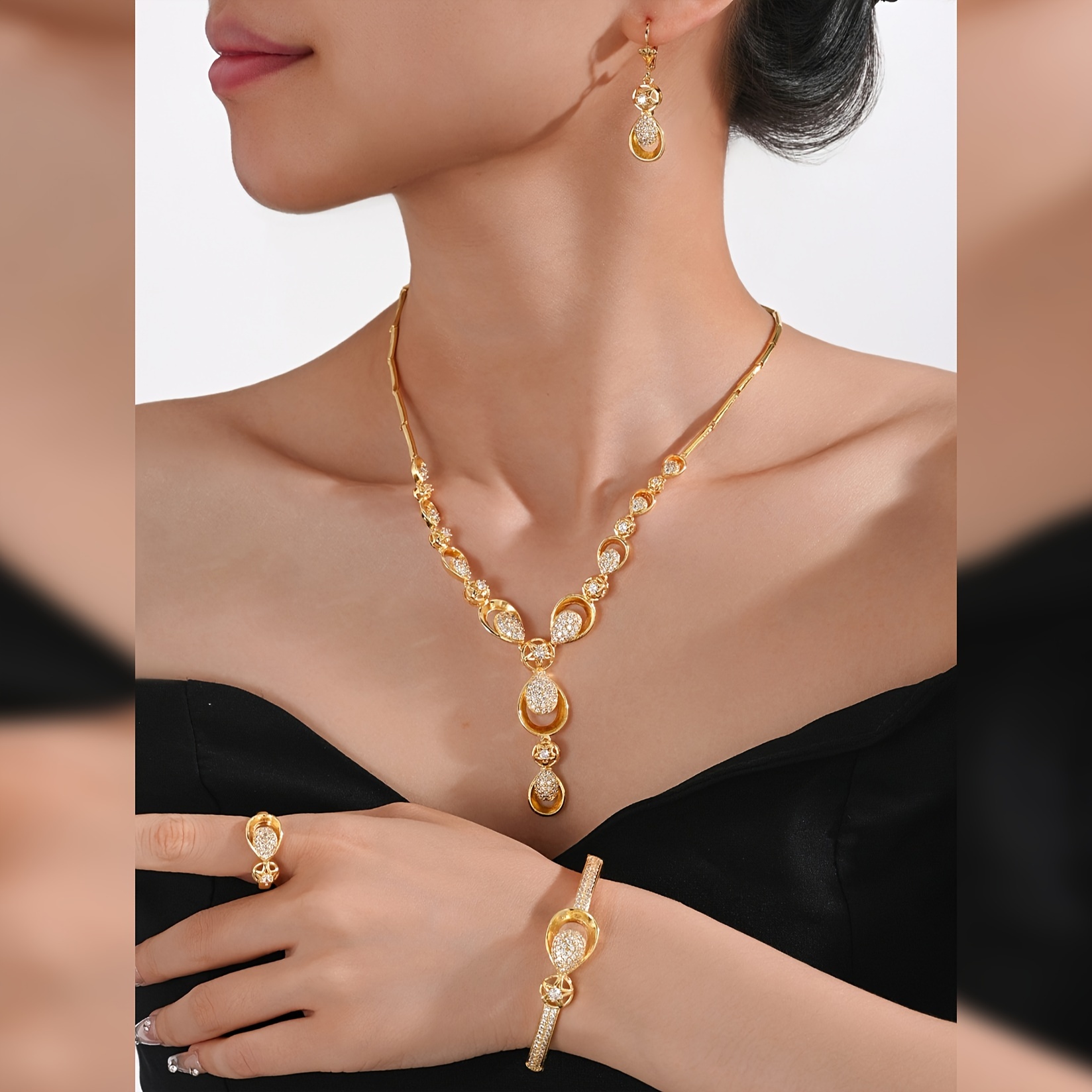 

Elegant 5-piece Jewelry Set With 18k Golden Plating And Zirconia Stones, Copper-based Necklace, Earrings, Bracelet, And Ring For Daily Wear, Parties, And Valentine's Day Gifts