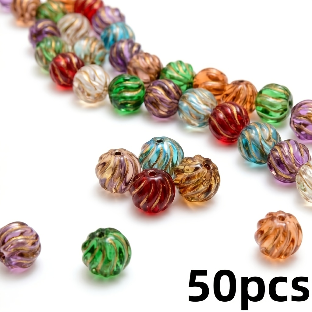 TEMU 50/100pcs Multicolor Transparent Pattern Round Czech Glass Beads, Twisted Striped Spherical Decorative Beads, Suitable For Bohemian Retro Ethnic