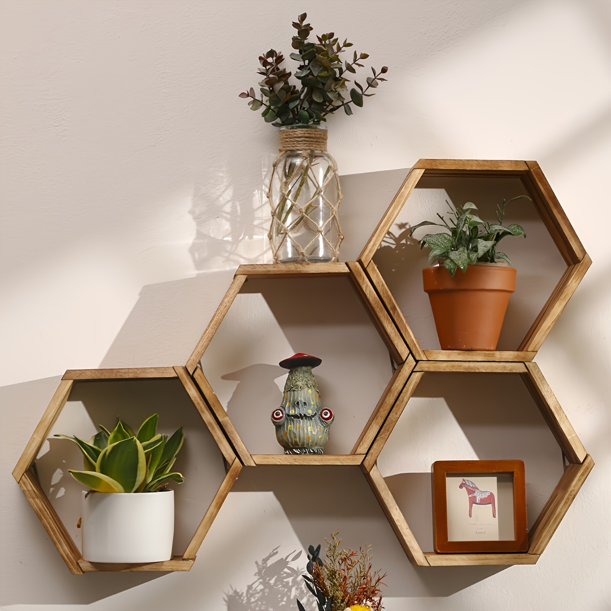 

Hexagon Floating Shelf - Wall-mounted, Brown Wood, Bedroom & Living Room Decor, Accent