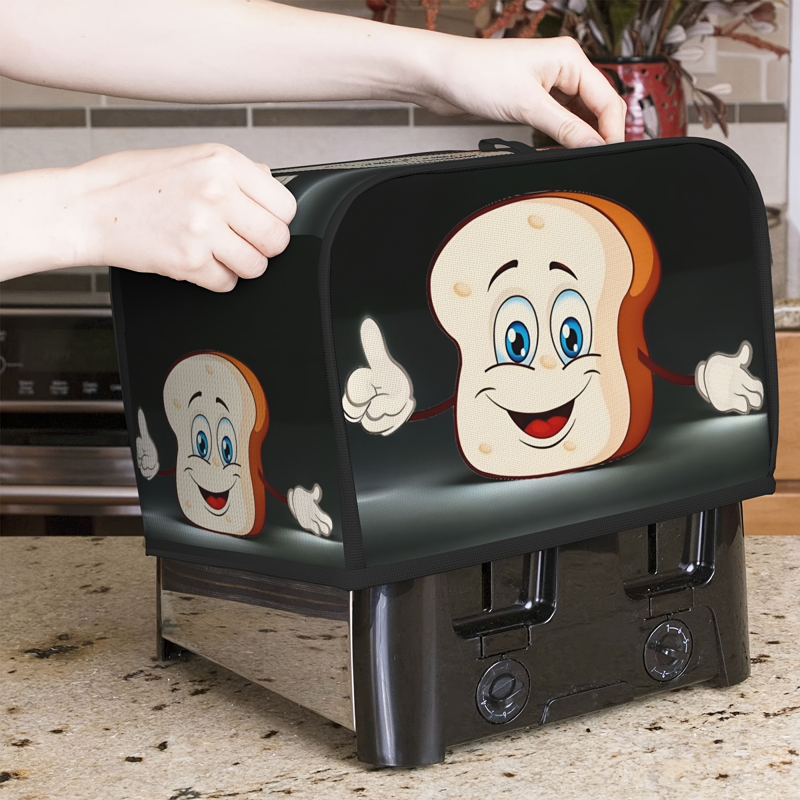 TEMU 1pc Cute Dust Cover For 2- Toasters - Durable Polyester Kitchen Storage Bag With Cartoon Bread & Fork Illustrations, Perfect Gift For Women,