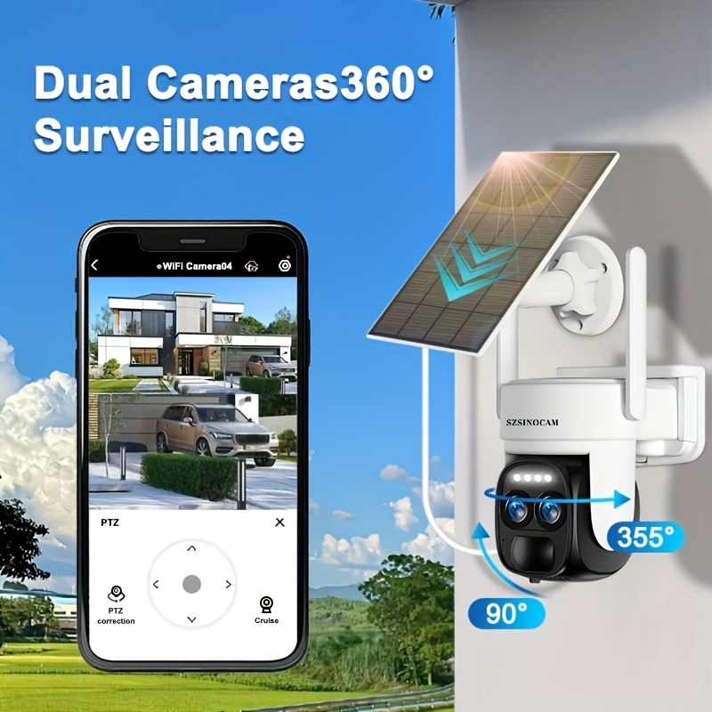 Solar Security Wireless Outdoor Camera Dual-Lens, 8X Zoom, Resolution 360° Pan Tilt Control, Support Max 256GB TF Card, Two-Way Audio with Spotlight Siren PIR Motion Detection